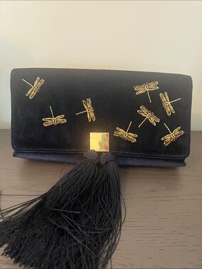 Ted Baker Navy Velvet Dragonfly Tassel Clutch with Gold Accents